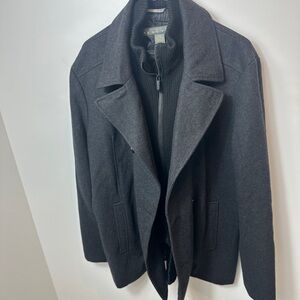 Kenneth Cole Reaction Men’s Wool Blend Pea Coat with Knit Bib Grey Size M